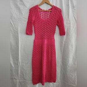 Vintage Crochet Dress - Pink - 3/4 Sleeve - Hand Crocheted - Vintage 60s